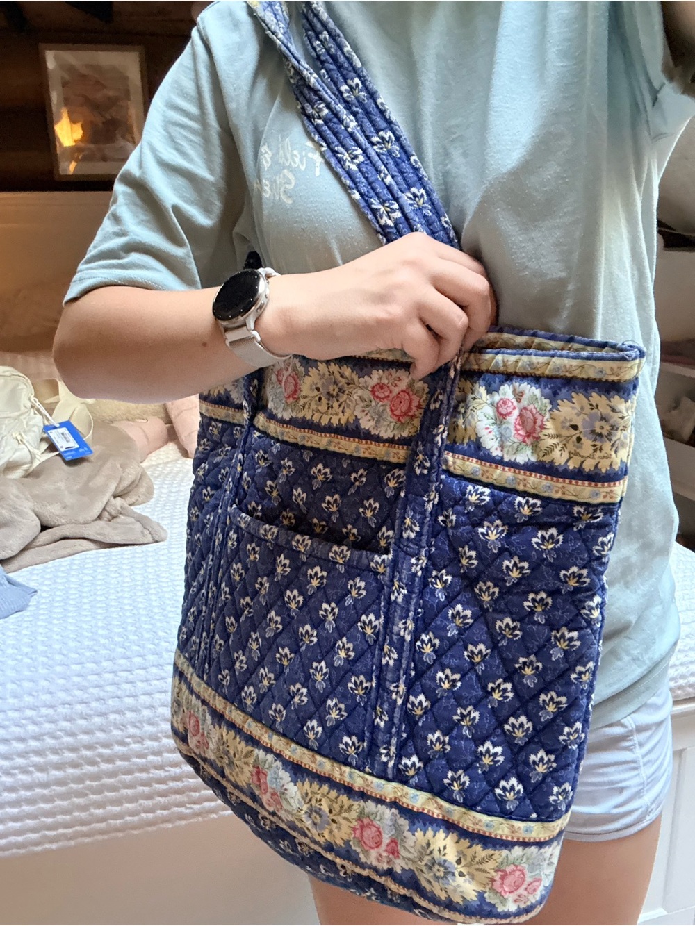 Vera Bradley Quilted Navy Floral Tote with Pink Accents